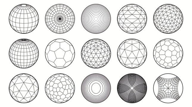 Fifteen diverse wireframe spheres and abstract geometric circular patterns, black lines on white, Symbolizing global networks and illustrating complex data visualization