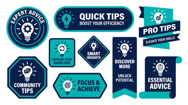 Collection of expert advice and tips badges with lightbulb icons in blue and teal colors, representing quick tips for boosting efficiency and professional development resources