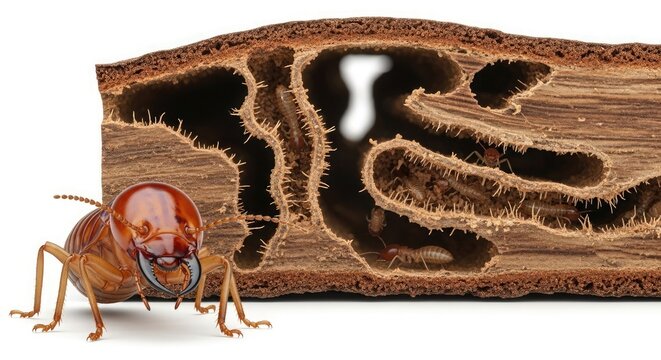 Detailed macro termite wood damage with intricate tunnels showing a large termite insect pest infestation concept for pest control and home protection