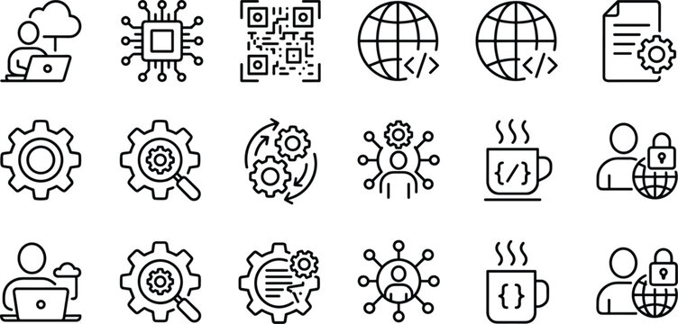 Collection of vector technology and business icons code symbols network gears and people.
