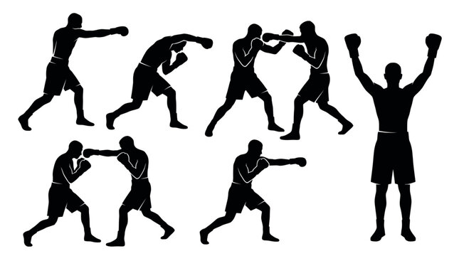 A dynamic collection of male boxer silhouettes in various fighting poses and a victory stance on a clean white background, Symbolizing sports competition and personal achievement
