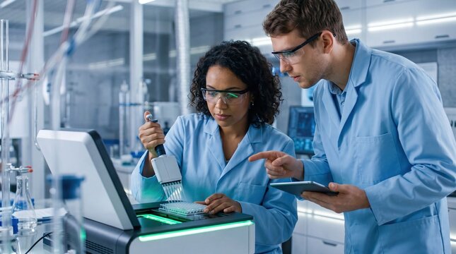 Two scientists working together in modern laboratory, female researcher using multichannel pipette for DNA analysis while male colleague reviews data on tablet, biotechnology