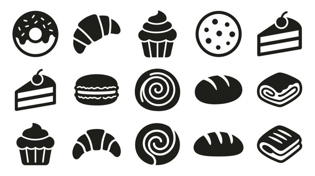 Assorted bakery food icons on white.