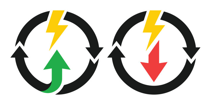 Energy consumption icons set with lightning bolt and arrows