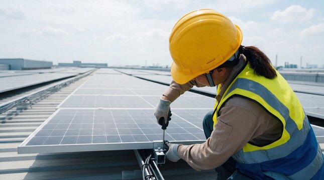 Professional worker installing solar panels on industrial roof, renewable energy construction, sustainable power infrastructure development, green technology implementation for
