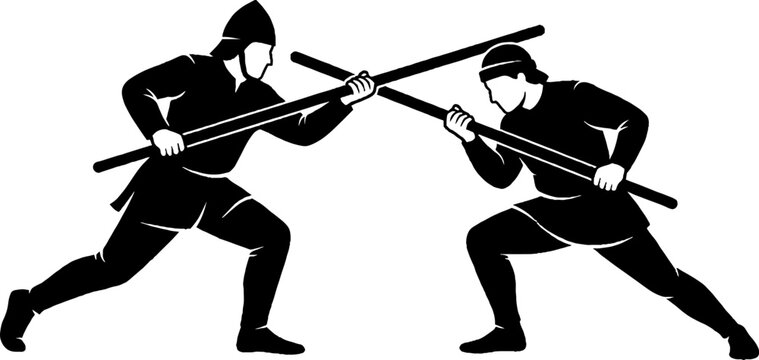 Two samurai warriors crossing swords in battle stance.