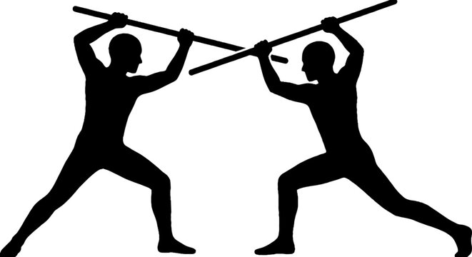 Silhouette of two fencers in a duel pose.