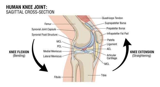 Human Knee Joint Sagittal Cross Section Anatomy Diagram Showing Femur, Patella, Tibia, Meniscus, Ligaments ACL PCL MCL, Knee Flexion and Extension Motion