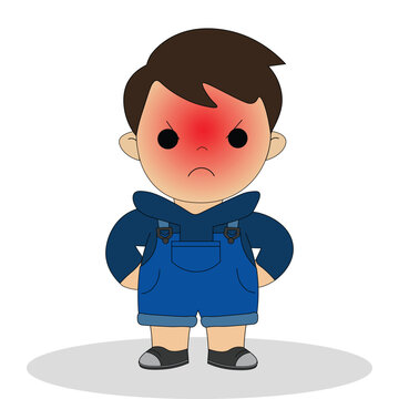 Angry cartoon boy character with a red flushed face, hands on hips, wearing a dark blue hoodie and blue overalls, full body illustration, isolated background.