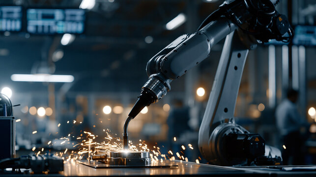Articulated robot arm on precision assembly line welds aerospace component with micrometer accuracy, sparks cascading in darkened industrial facility, quality control sensors
