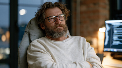 Fototapeta premium Software developer leaning back in ergonomic chair reviewing AI-generated code suggestions on ultrawide monitor, terminal window open beside unit test results, startup studio at