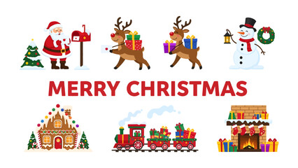 Christmas Wonderland Collage: A delightful collection of festive imagery, including Santa Claus, reindeer with gifts, a snowman, a gingerbread house, a toy train, and a fireplace. © Nadim