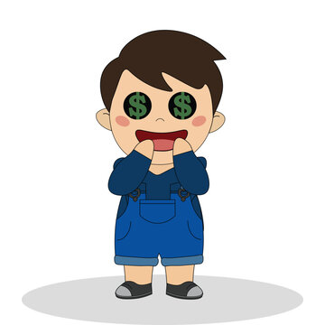 Happy cartoon boy character with green dollar signs in his eyes and an open mouth, wearing a dark blue hoodie and blue overalls, full body illustration.