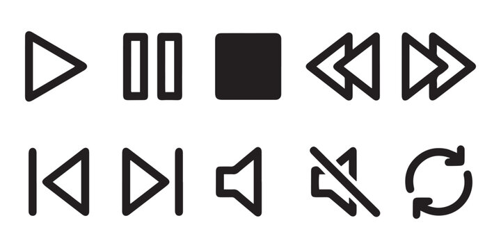 Set of media player control icons, including play, pause, stop, and volume