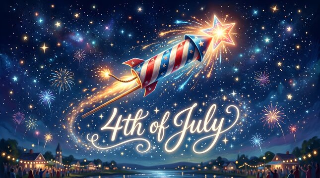 Firework rocket explodes on 4th of July night sky