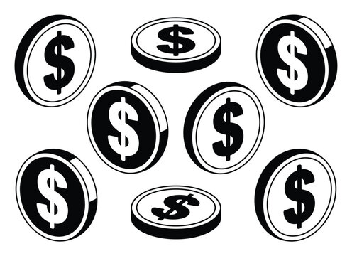 A collection of black and white dollar sign coin arranged in a scattered pattern on a white background
