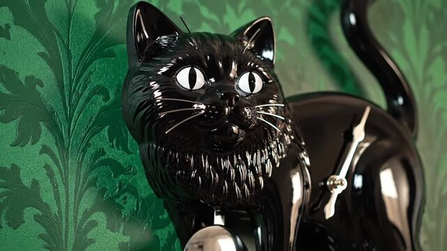 Vintage black cat wall clock on green patterned wallpaper.