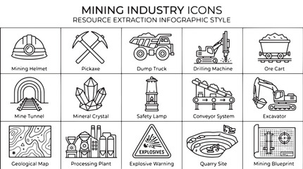 Mining industry icons, resource extraction symbols, infographic style, 20 mining vector graphics © Rosie
