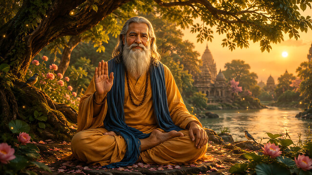 Guru purnima wise sage blessing in peaceful riverside temple garden at sunset for hindu relegious festival devotional stock illustration background spiritual art