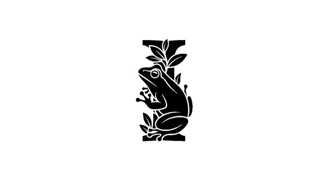 Black and white frog illustration with leaves.
