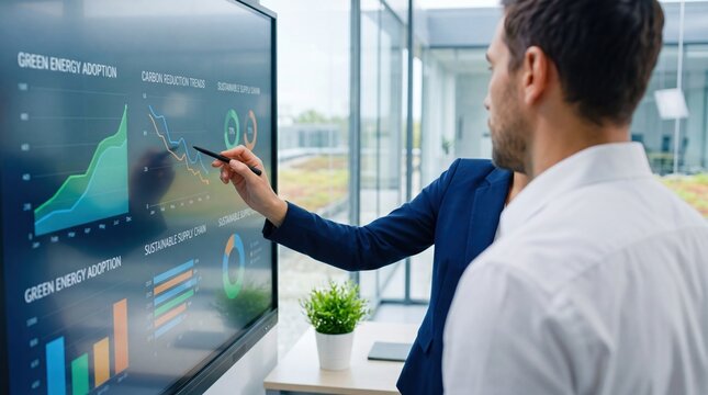 Business presentation showing green energy adoption and carbon reduction trends on large digital screen, corporate sustainability report, man in suit pointing at growth charts and