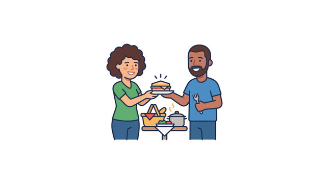 Diverse Couple Sharing Home Cooked Meal Illustration