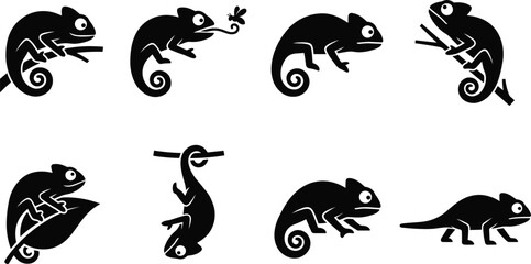Black Silhouette Chameleon Vector Icon Set with Various Poses on Branch Leaf Tongue and Walking for Wildlife Nature Tattoo Designs © ATAUR
