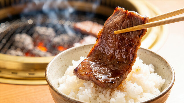 箸で掴んだ焼きたて焼肉を白米に乗せる贅沢な瞬間