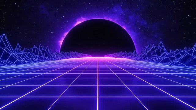 A digital landscape with a glowing sun over a wireframe grid