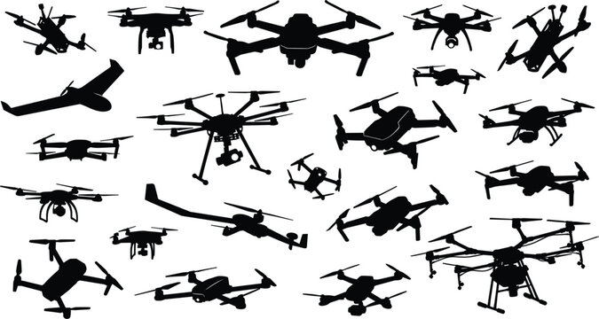 Black Silhouette Drone Vector Icon Set with Quadcopter Fixed Wing Camera and Various UAV Models for Technology Aerial Photography Designs