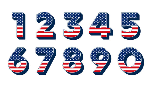Numbers filled with American national flag pattern, and with block shadow. Ten numbers filled with stars and stripes pattern in red, white, and blue, elements of United States of America flag. Vector