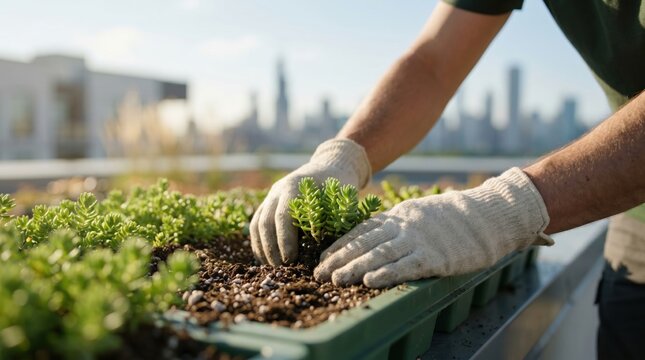 Close up of hands planting succulents in soil tray on city rooftop garden, urban agriculture concept, sustainable living, green architecture background with skyscrapers in