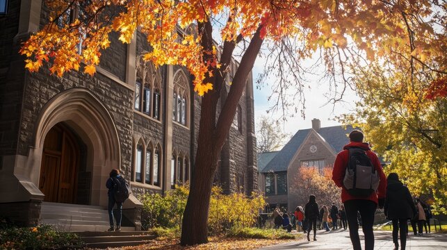 Students walking on a historic university campus during a bright autumn day