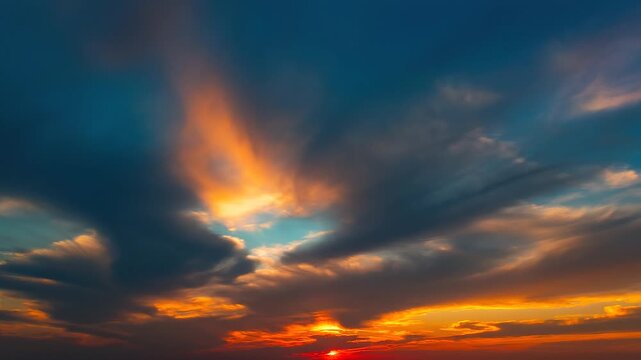 Dramatic sunset sky with vibrant orange and blue clouds