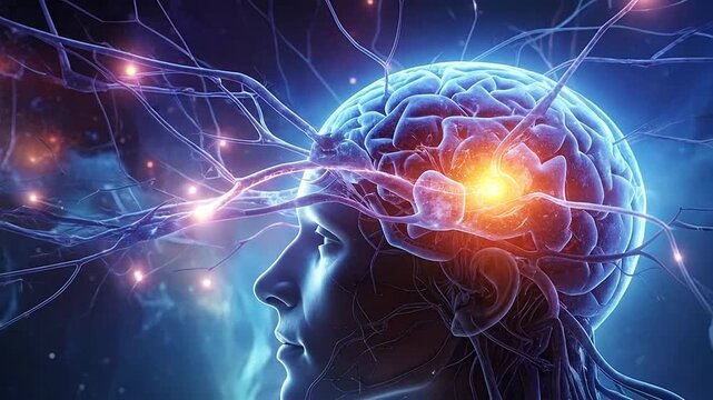 A glowing human brain connected to a complex digital neural network