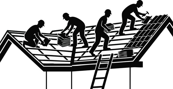Roofers install ceramic tiles on a residential structure while working as a team to complete a high-quality renovation project on the house roof frame.