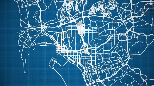 Ink reveal animation of San Diego city, California (CA), United States of America, grid map. Aerial top view. Blueprint style. White lines with blue background. 4K Seamless loop.