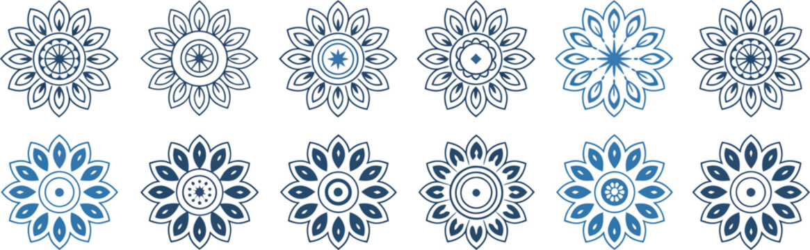 Decorative mandala frame collection, blue vector illustration showcasing circular floral ornaments, ornamental borders, and intricate radial patterns in a refined artistic style 