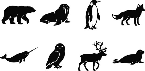 Arctic and Antarctic polar animals black silhouette vector set isolated on white background for wildlife graphic designs © MDMUNTASSER