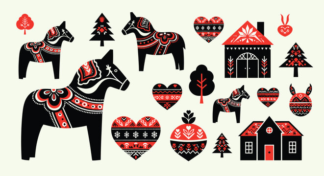 Traditional scandinavian dala horse set includes folk art style animals, houses, hearts, and trees in a classic red and black theme.