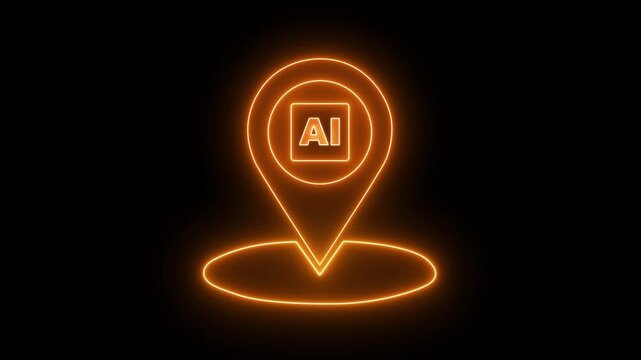 glowing neon Map pin location pointer with an AI microchip icon inside, representing local artificial intelligence, tech hub, or GPS tracking navigation data. 4k video animation