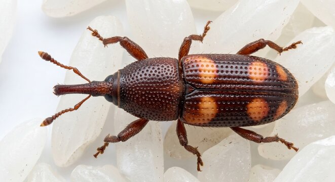 Dorsal view of sitophilus oryzae beetle resting on white grains