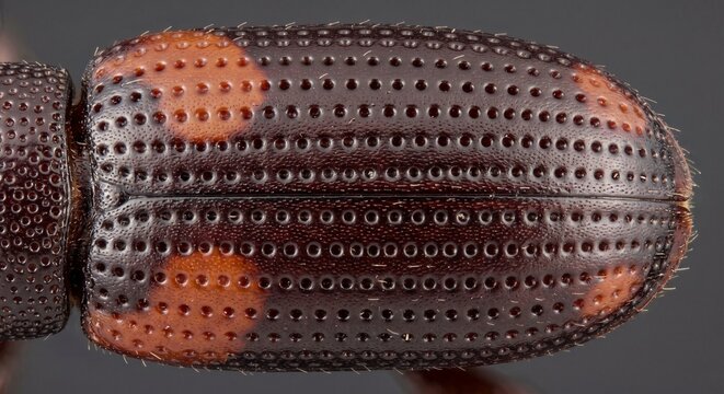 Detailed dorsal surface of rice weevil elytra displaying distinctive orange maculae and strial punctures