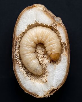 Cross section of damaged grain revealing white grub larva feeding inside