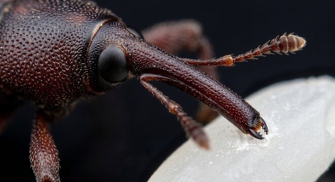 Extreme close up of rice weevil straight snout boring directly into white grain