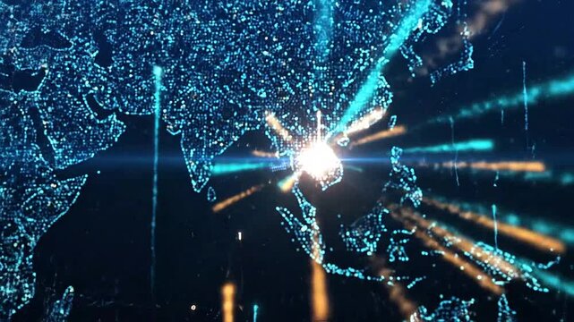 Digital world map with glowing binary data and light streaks