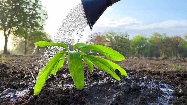 Watering a young green sapling in fertile soil with a watering can. Environmental conservation concept