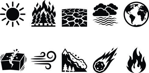 Environmental hazard icons including forest fire drought fog avalanche and falling meteorite icons collection. © Emongrapic