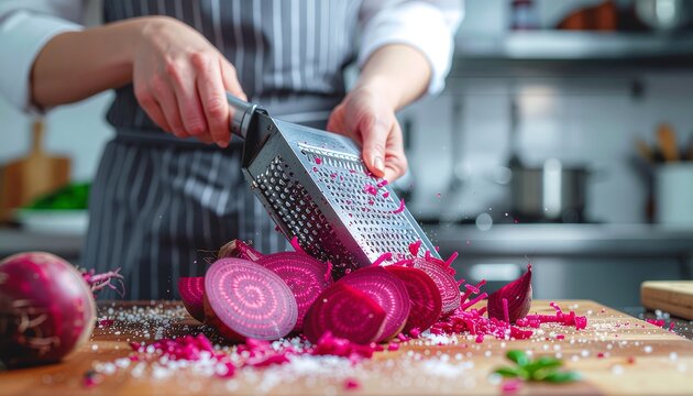 Chef Grating Red Beets in Professional Kitchen.