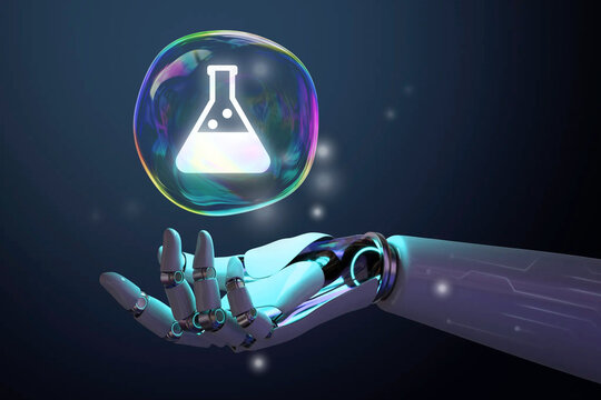 Robotic hand reaching for a glowing bubble with a flask icon inside.